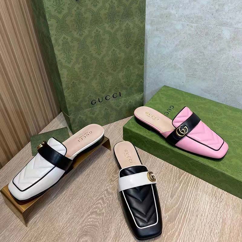 G*u*i women gg slipper double g pink leather matelassé chevron insert
