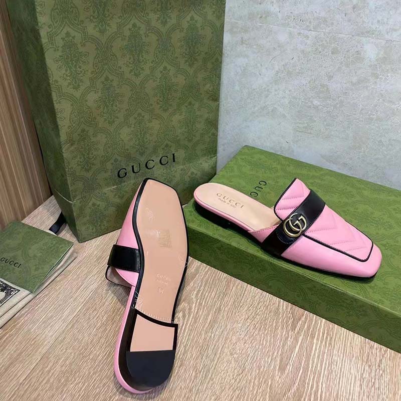 G*u*i women gg slipper double g pink leather matelassé chevron insert