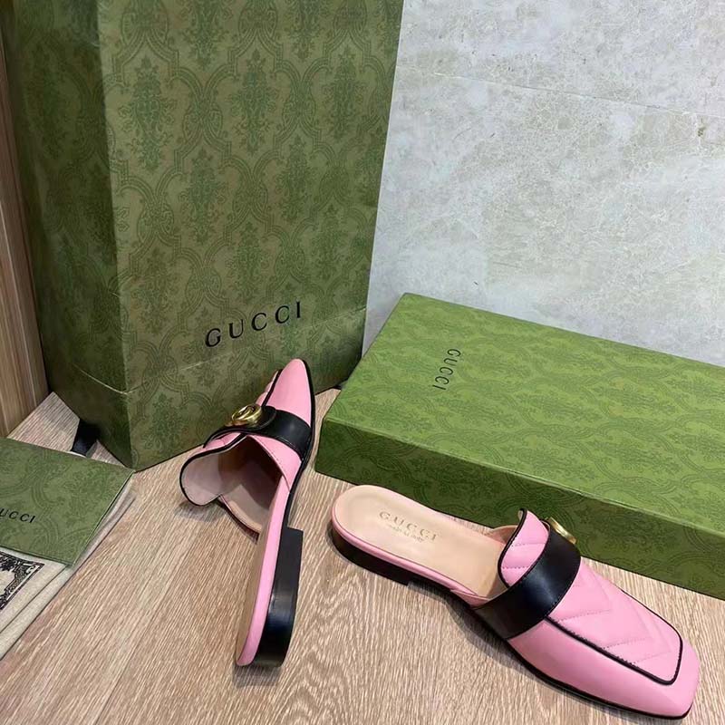 G*u*i women gg slipper double g pink leather matelassé chevron insert