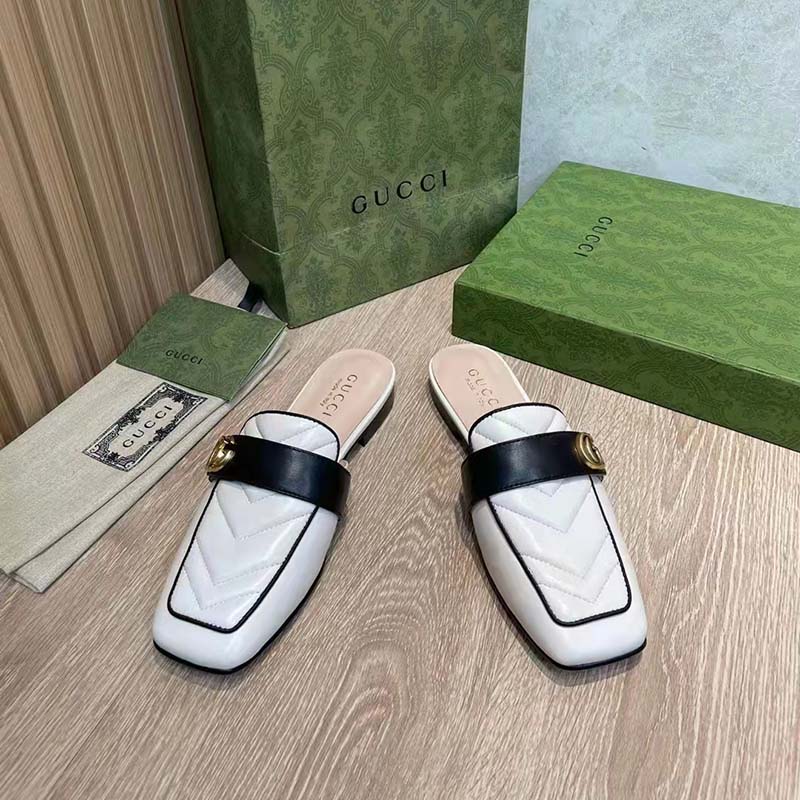 G*u*i women gg slipper double g white leather matelassé chevron insert