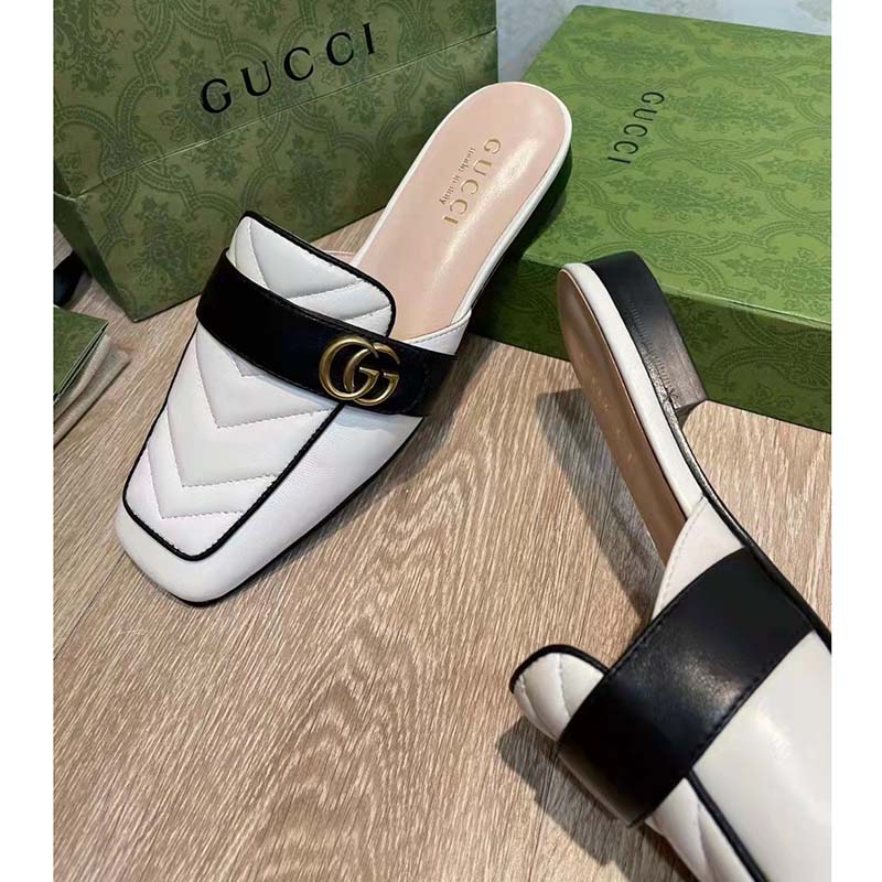G*u*i women gg slipper double g white leather matelassé chevron insert