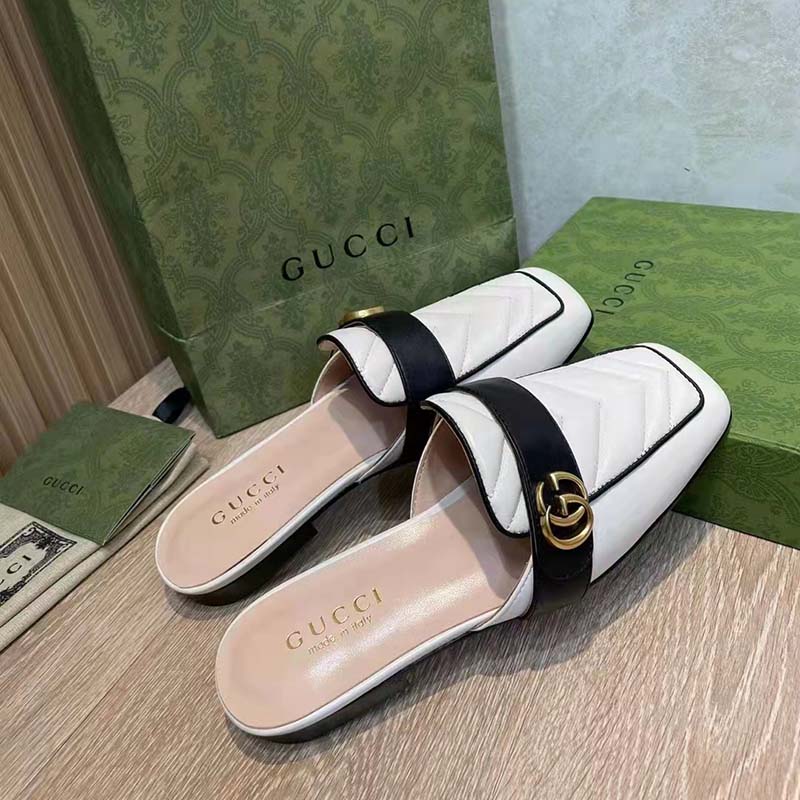 G*u*i women gg slipper double g white leather matelassé chevron insert