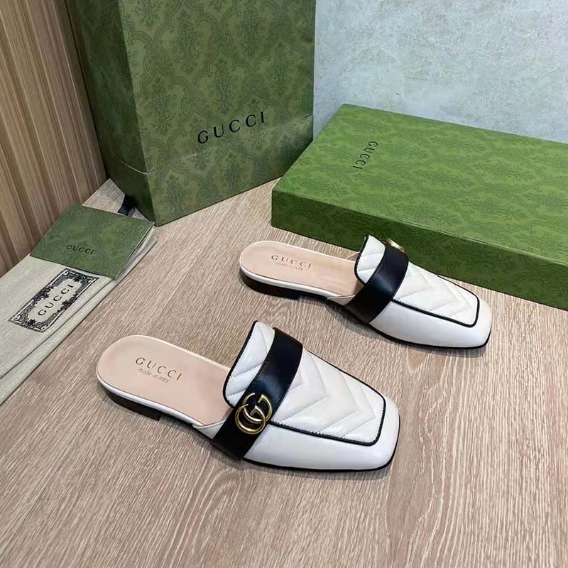G*u*i women gg slipper double g white leather matelassé chevron insert
