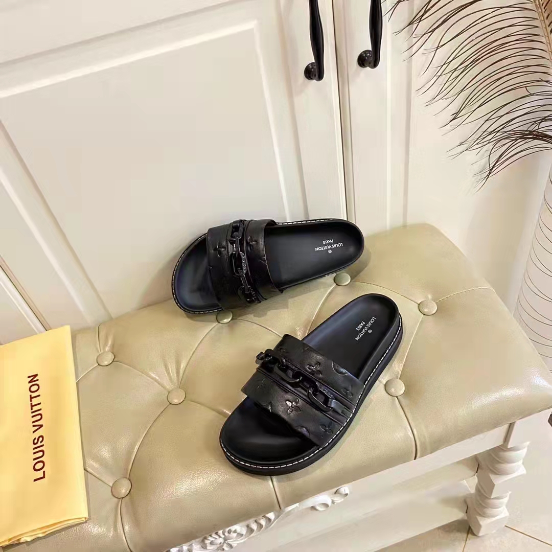 Louis Vuitton Unisex Sunset Flat Comfort Mule Black Monogram Embossed Calf Leather