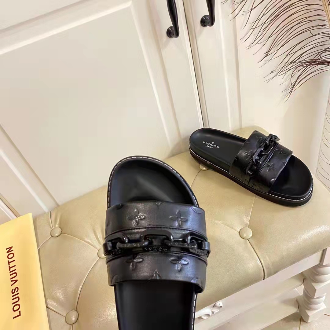 Louis Vuitton Unisex Sunset Flat Comfort Mule Black Monogram Embossed Calf Leather