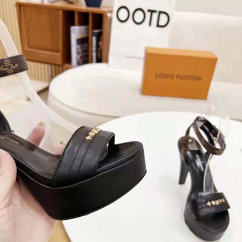 Louis Vuitton Women Afterglow Platform Sandal Black Calf Leather Patent Monogram Canvas