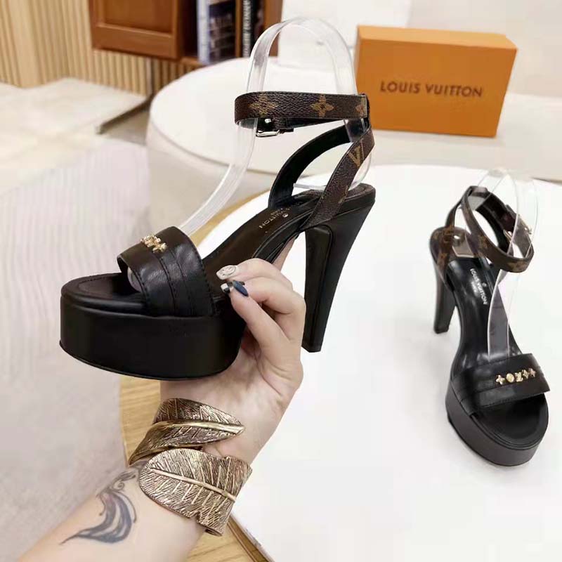 Louis Vuitton Women Afterglow Platform Sandal Black Calf Leather Patent Monogram Canvas