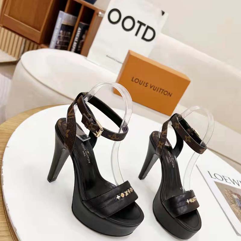Louis Vuitton Women Afterglow Platform Sandal Black Calf Leather Patent Monogram Canvas