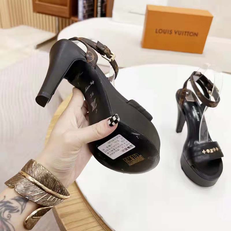 Louis Vuitton Women Afterglow Platform Sandal Black Calf Leather Patent Monogram Canvas