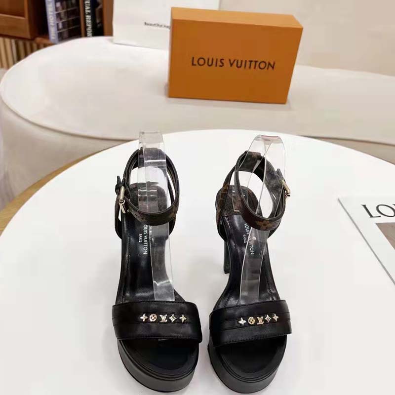 Louis Vuitton Women Afterglow Platform Sandal Black Calf Leather Patent Monogram Canvas