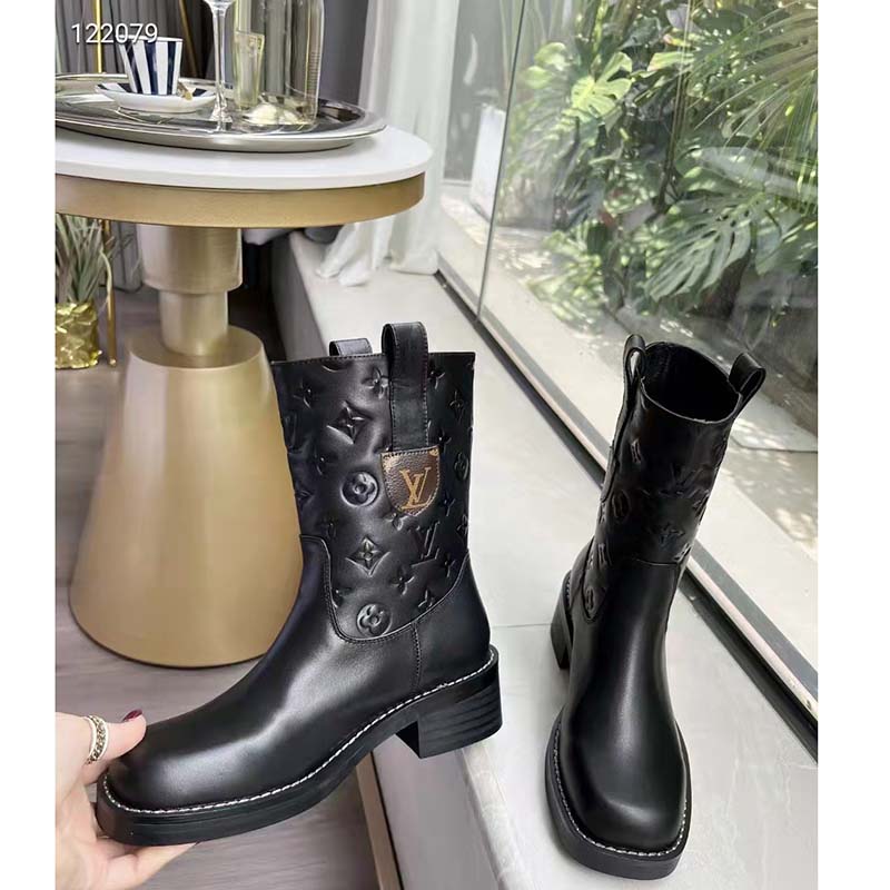 Louis Vuitton Women Downtown Ankle Boot Black Embossed Calf Leather 3 cm Heel