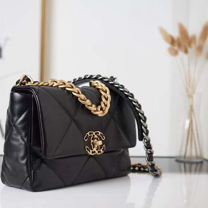 Chanel Women 19 Handbag Lambskin Gold Silver-Tone Ruthenium-Finish Metal Black