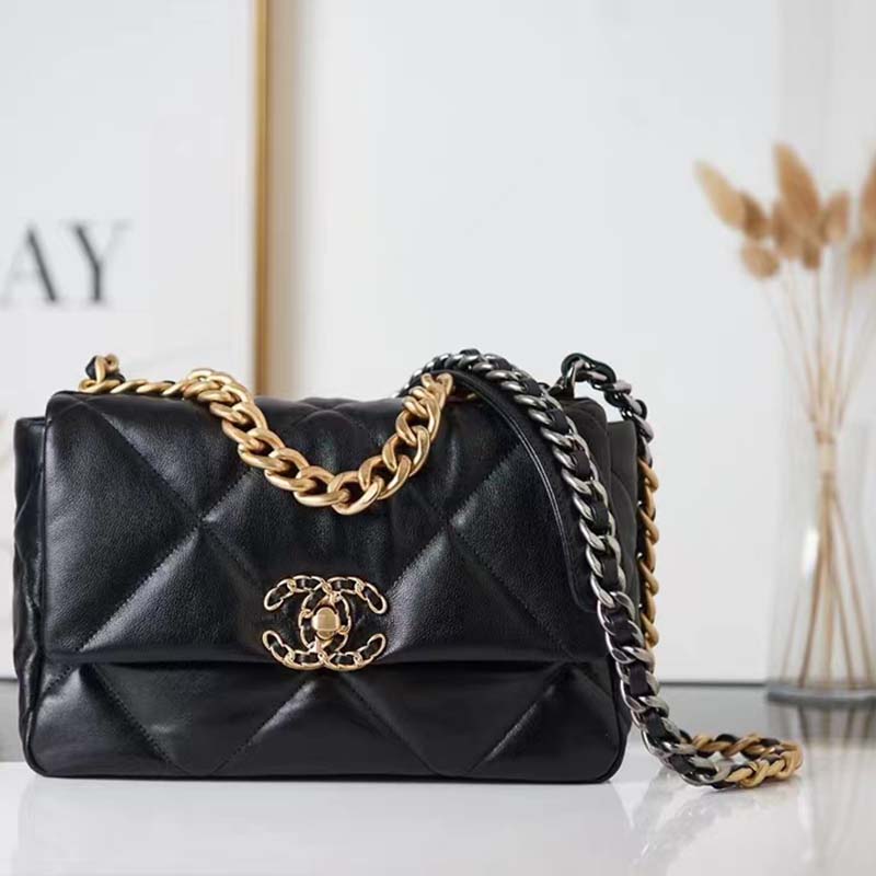 Chanel Women 19 Large Handbag Black Lambskin Gold Silver-Tone Ruthenium-Finish Metal