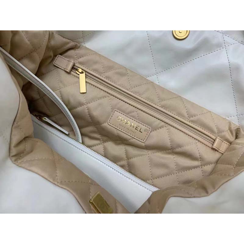 Chanel Women 22 Large Handbag Calfskin Gold-Tone Lacquered Metal White
