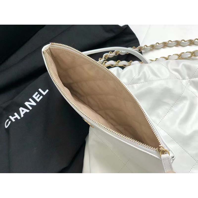Chanel Women 22 Large Handbag Calfskin Gold-Tone Lacquered Metal White