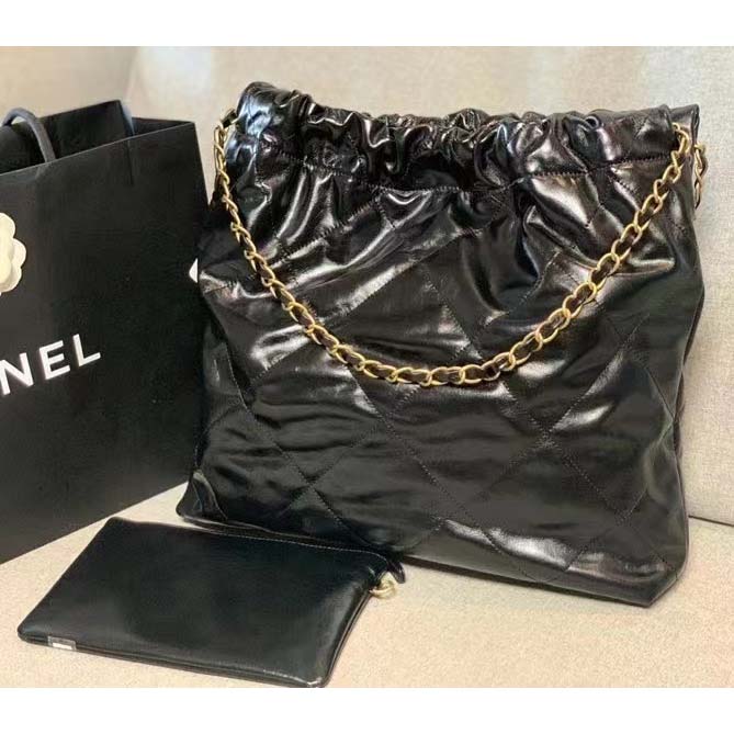 Chanel Women 22 Large Handbag Shiny Calfskin Gold-Tone Metal Black