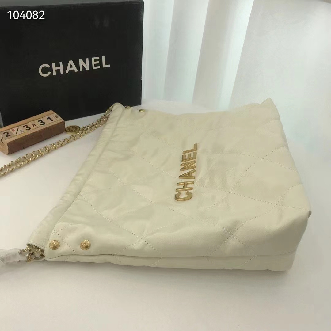 Chanel Women 22 Small Handbag Shiny Calfskin Gold-Tone Metal Beige