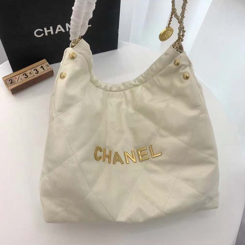 Chanel Women 22 Small Handbag Shiny Calfskin Gold-Tone Metal Beige