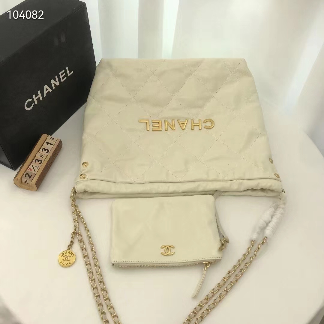 Chanel Women 22 Small Handbag Shiny Calfskin Gold-Tone Metal Beige