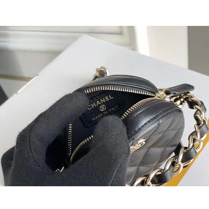 Chanel Women Chain Handbag Goatskin Leather Gold-Tone Metal Black