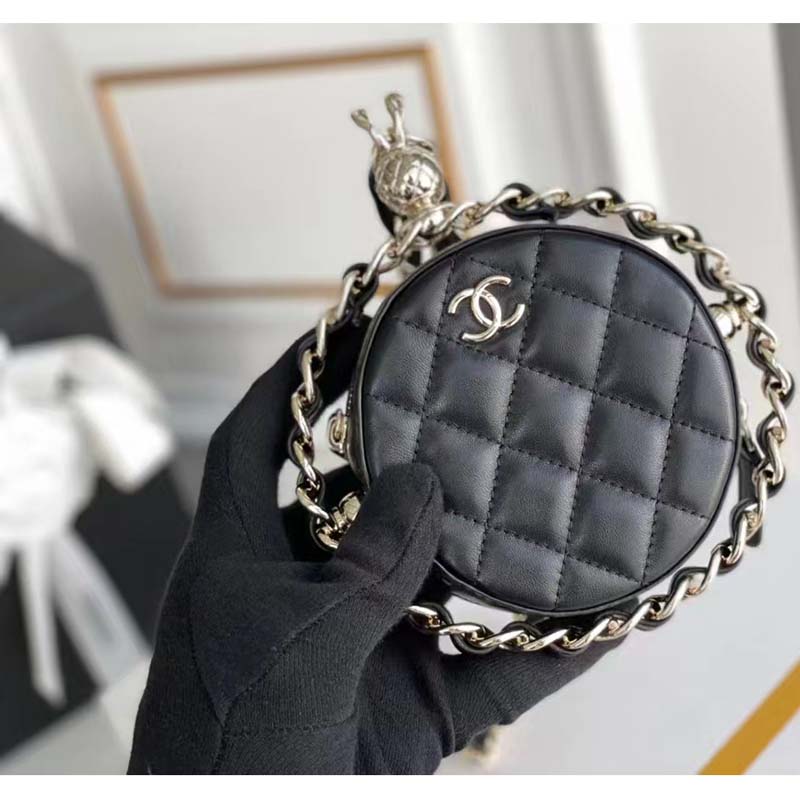 Chanel Women Chain Handbag Goatskin Leather Gold-Tone Metal Black