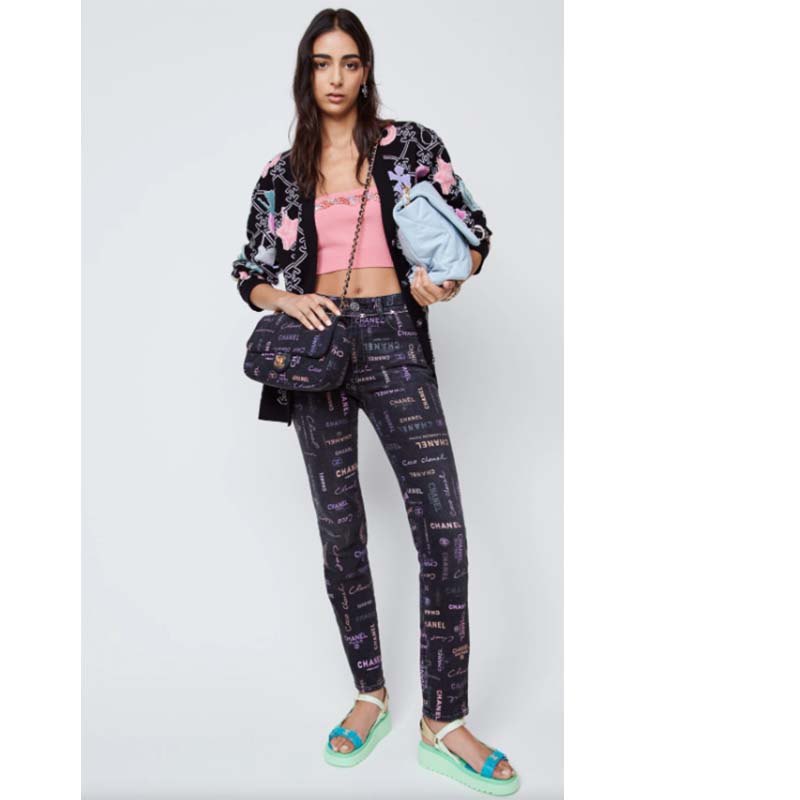 Chanel Women Large Flap Bag Printed Denim Gold-Tone Metal Black Multicolor