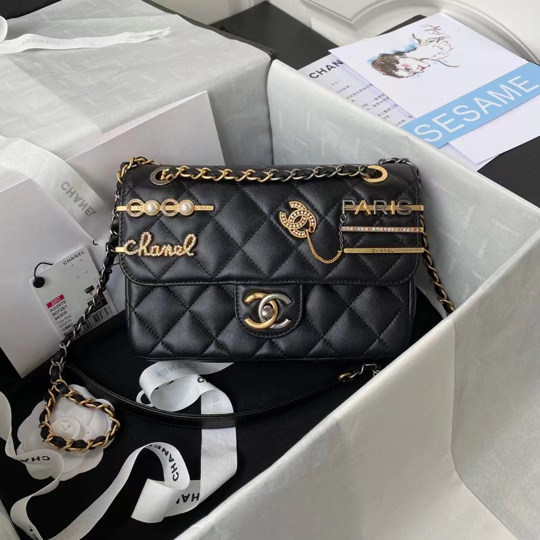 Chanel Women Small Flap Bag Black Lambskin Glass Pearls Strass Gold Silver