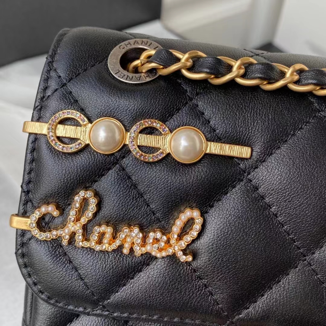 Chanel Women Small Flap Bag Black Lambskin Glass Pearls Strass Gold Silver