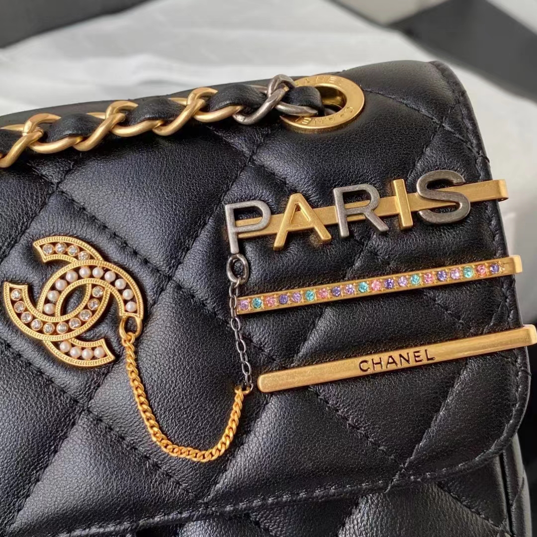 Chanel Women Small Flap Bag Black Lambskin Glass Pearls Strass Gold Silver