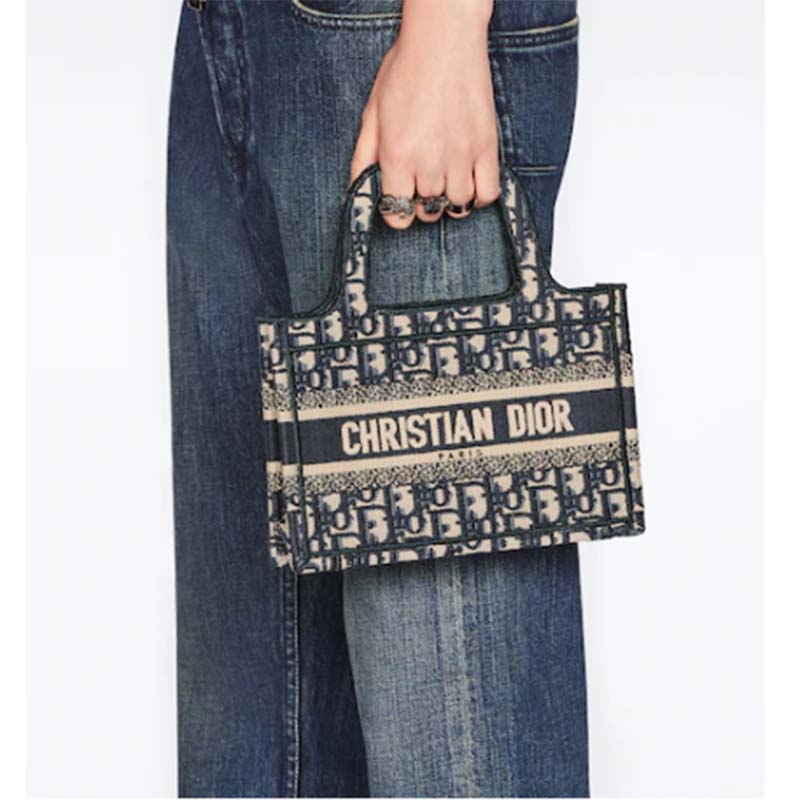 Dior CD Women Mini Dior Book Tote Blue Dior Oblique Embroidery