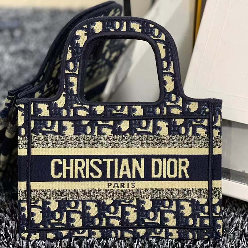 Dior CD Women Mini Dior Book Tote Blue Dior Oblique Embroidery