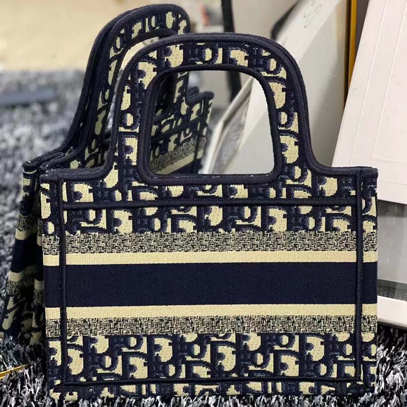 Dior CD Women Mini Dior Book Tote Blue Dior Oblique Embroidery