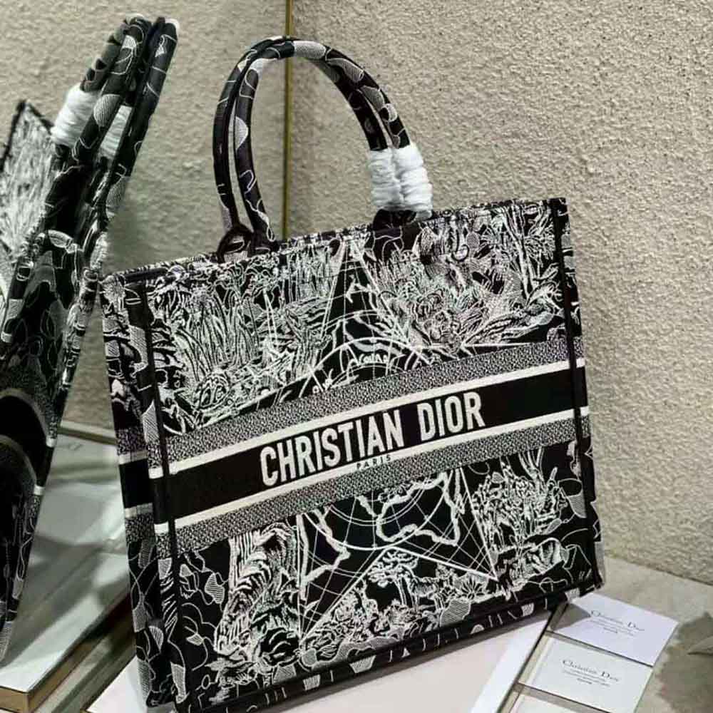 Dior Women Book Tote Black and White Dior Around the World Embroidery