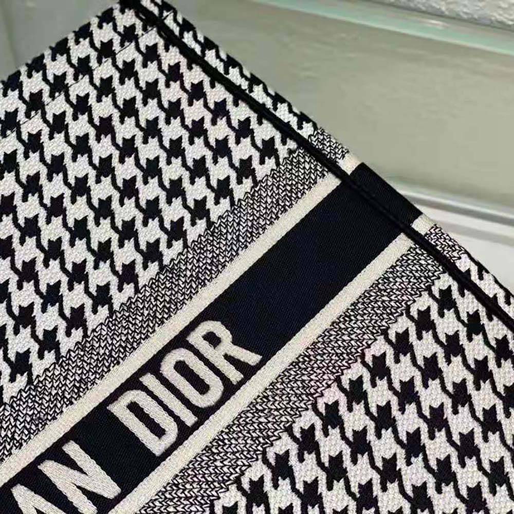Dior Women Book Tote Black and White Houndstooth Embroidery