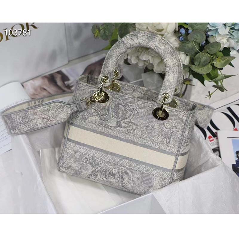 Dior Women CD Medium Lady D-Lite Bag Gray Toile De Jouy Reverse Embroidery
