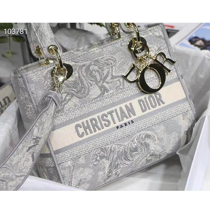 Dior Women CD Medium Lady D-Lite Bag Gray Toile De Jouy Reverse Embroidery