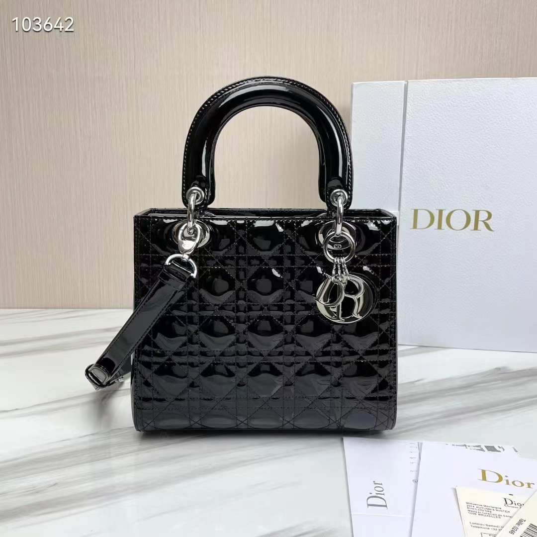 Dior Women CD Medium Lady Dior Bag Black Patent Cannage Calfskin
