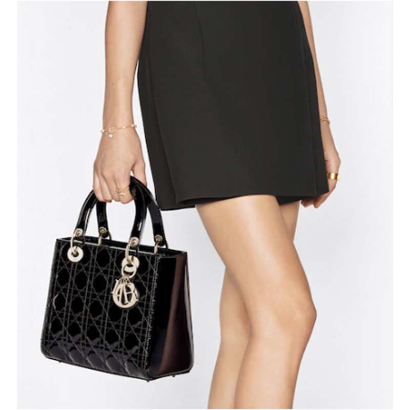 Dior Women CD Medium Lady Dior Bag Black Patent Cannage Calfskin
