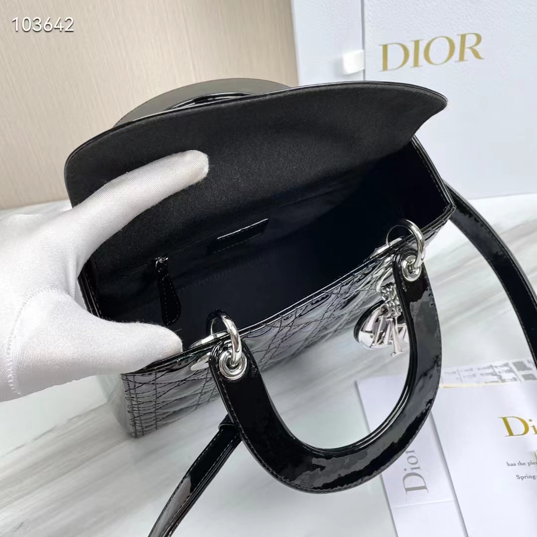 Dior Women CD Medium Lady Dior Bag Black Patent Cannage Calfskin