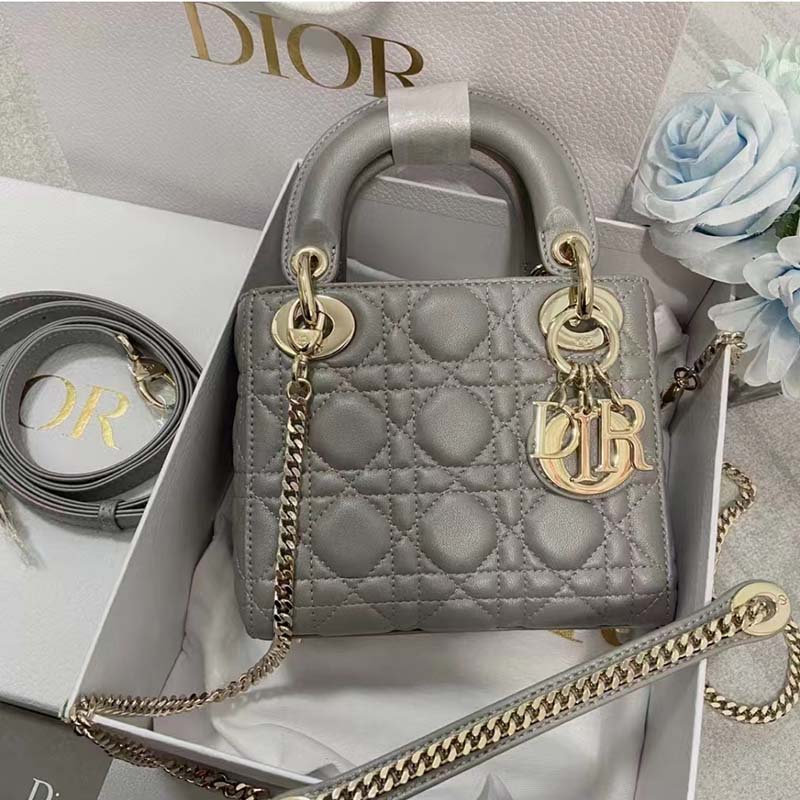 Dior Women CD Mini Lady Dior Bag Gray Cannage Lambskin