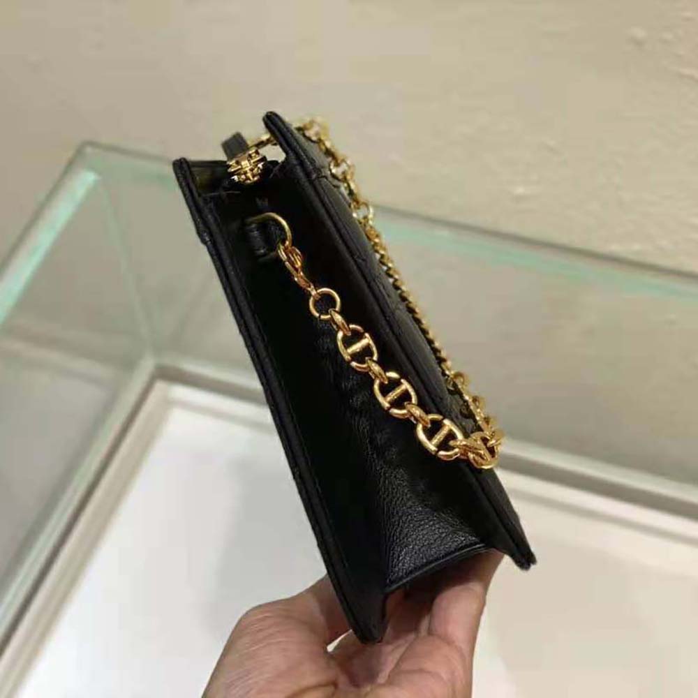 Dior Women Caro Zipped Pouch with Chain Black Supple Cannage Calfskin