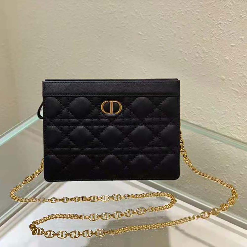 Dior Women Caro Zipped Pouch with Chain Black Supple Cannage Calfskin