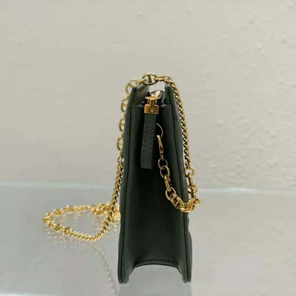 Dior Women Caro Zipped Pouch with Chain Cedar Green Supple Cannage Calfskin