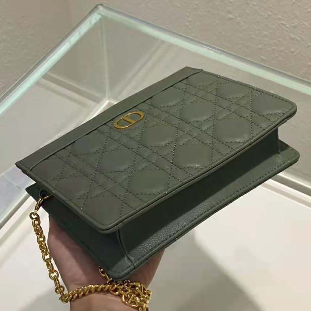 Dior Women Caro Zipped Pouch with Chain Cedar Green Supple Cannage Calfskin