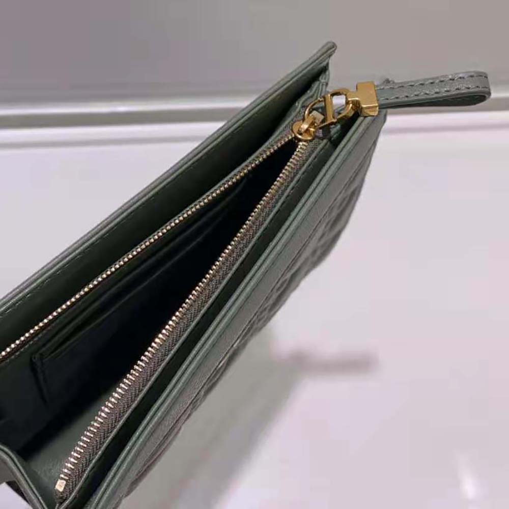 Dior Women Caro Zipped Pouch with Chain Cedar Green Supple Cannage Calfskin