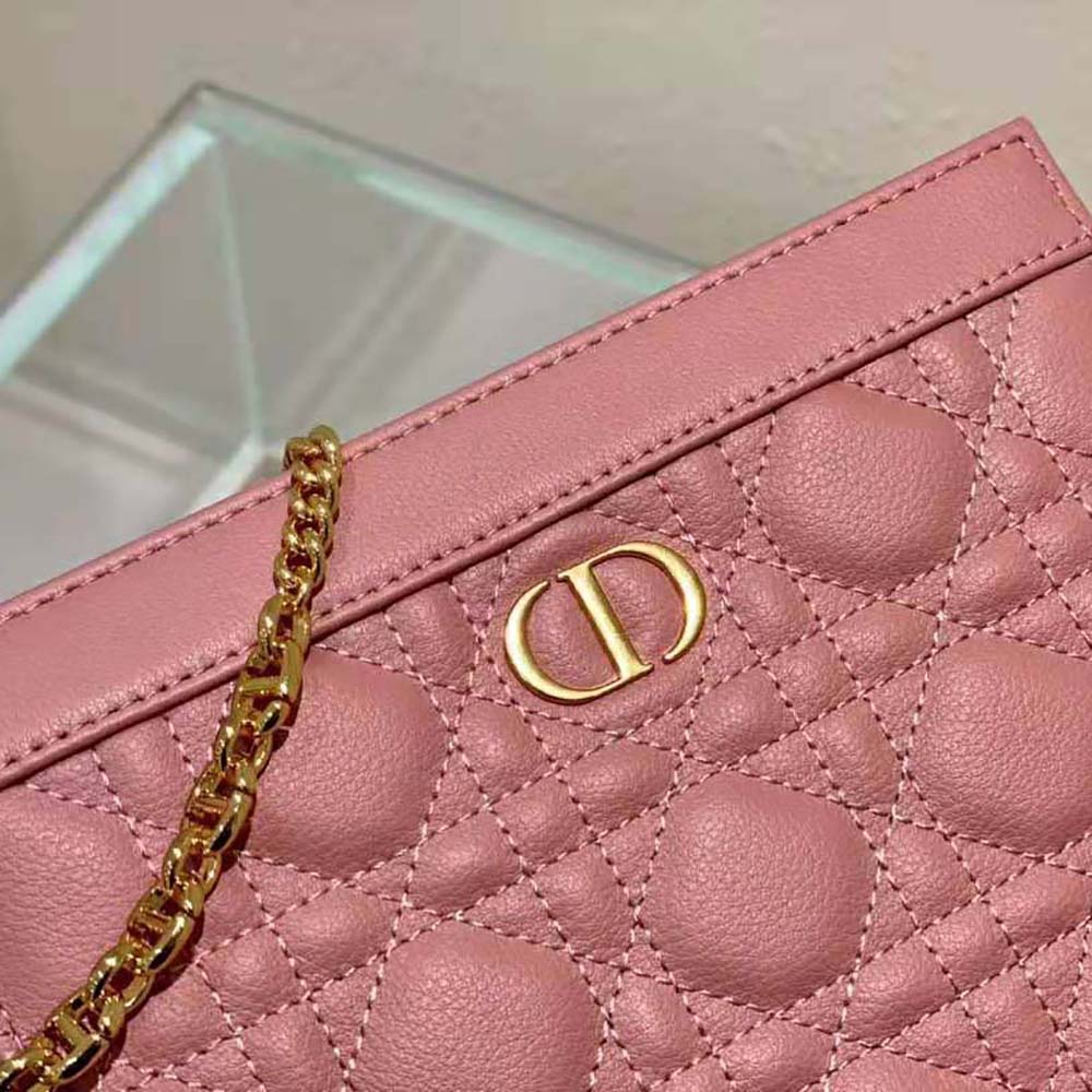 Dior Women Caro Zipped Pouch with Chain Cedar Pink Supple Cannage Calfskin