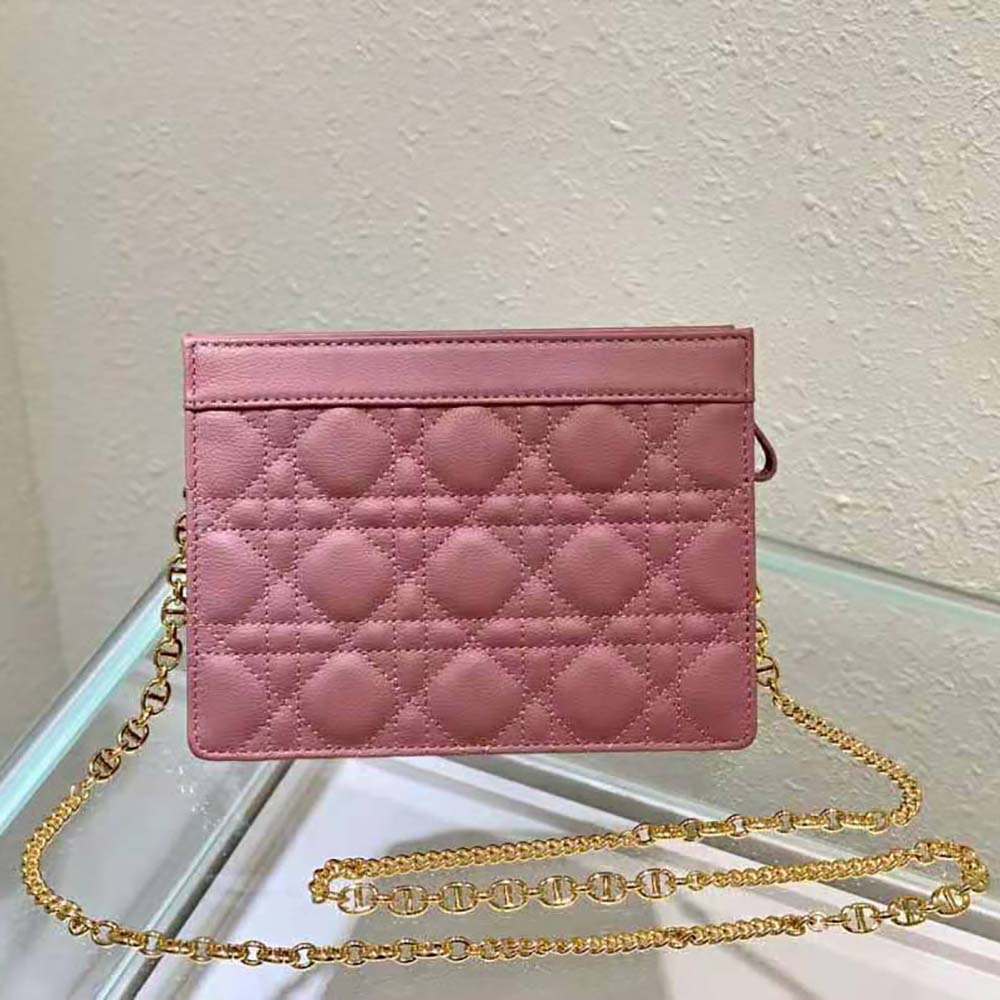 Dior Women Caro Zipped Pouch with Chain Cedar Pink Supple Cannage Calfskin
