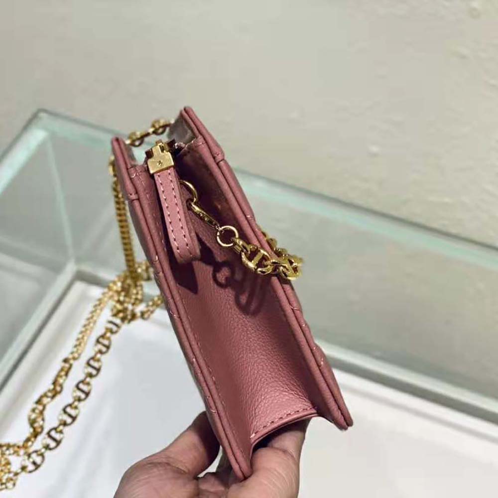 Dior Women Caro Zipped Pouch with Chain Cedar Pink Supple Cannage Calfskin