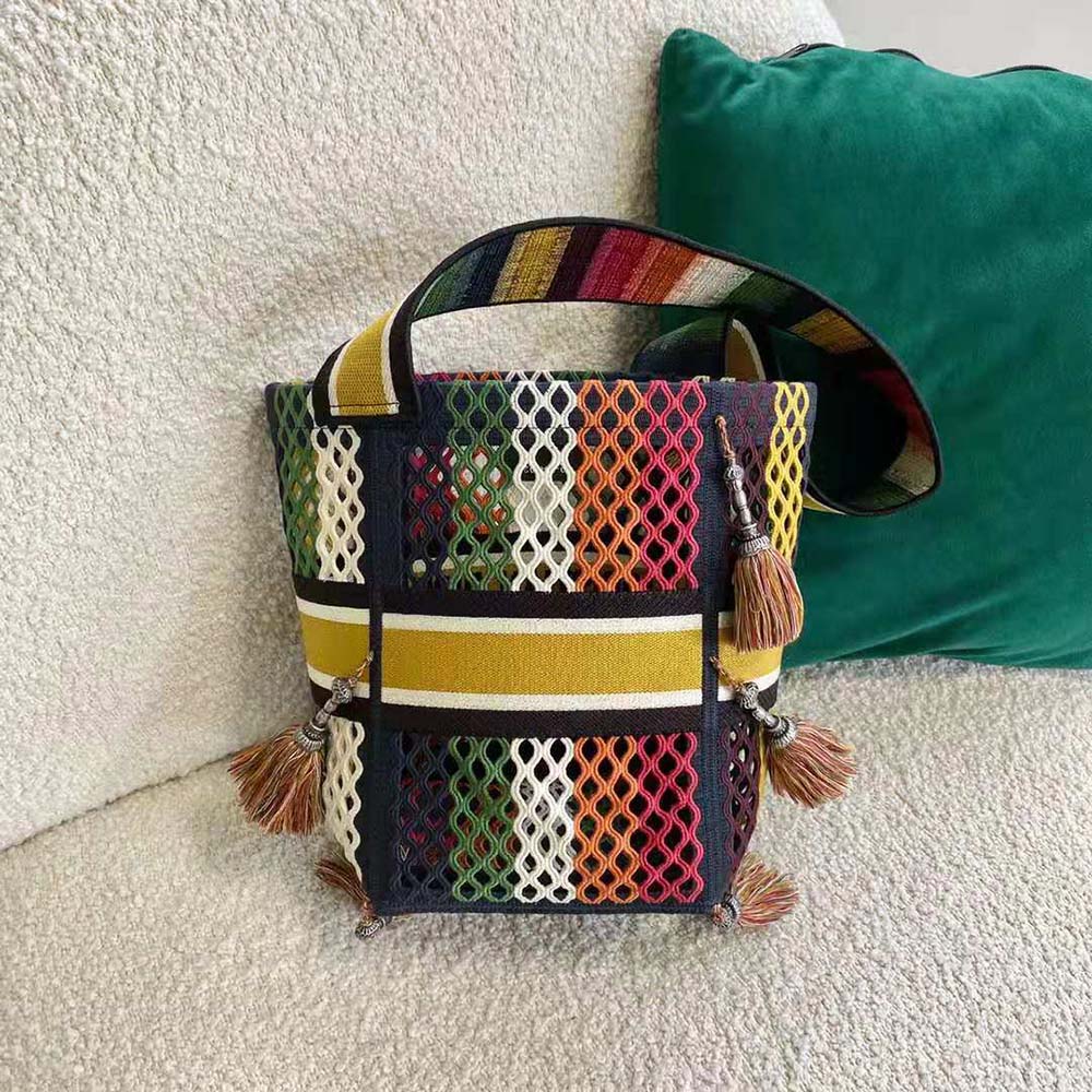 Dior Women D-Bubble Bucket Bag Multicolor Mesh Embroidery