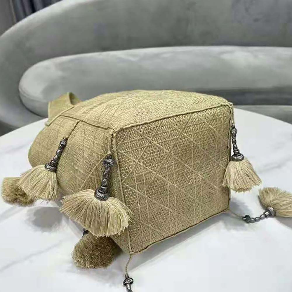 Dior Women D-bubble Bucket Bag Beige Cannage Embroidery with Straw Effect